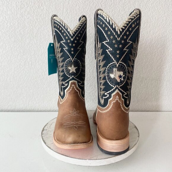 Lane RODEO HOUSTON Mens Cowboy Boots 12.5B Brown Navy Leather Western Blunt Toe - Picture 1 of 11